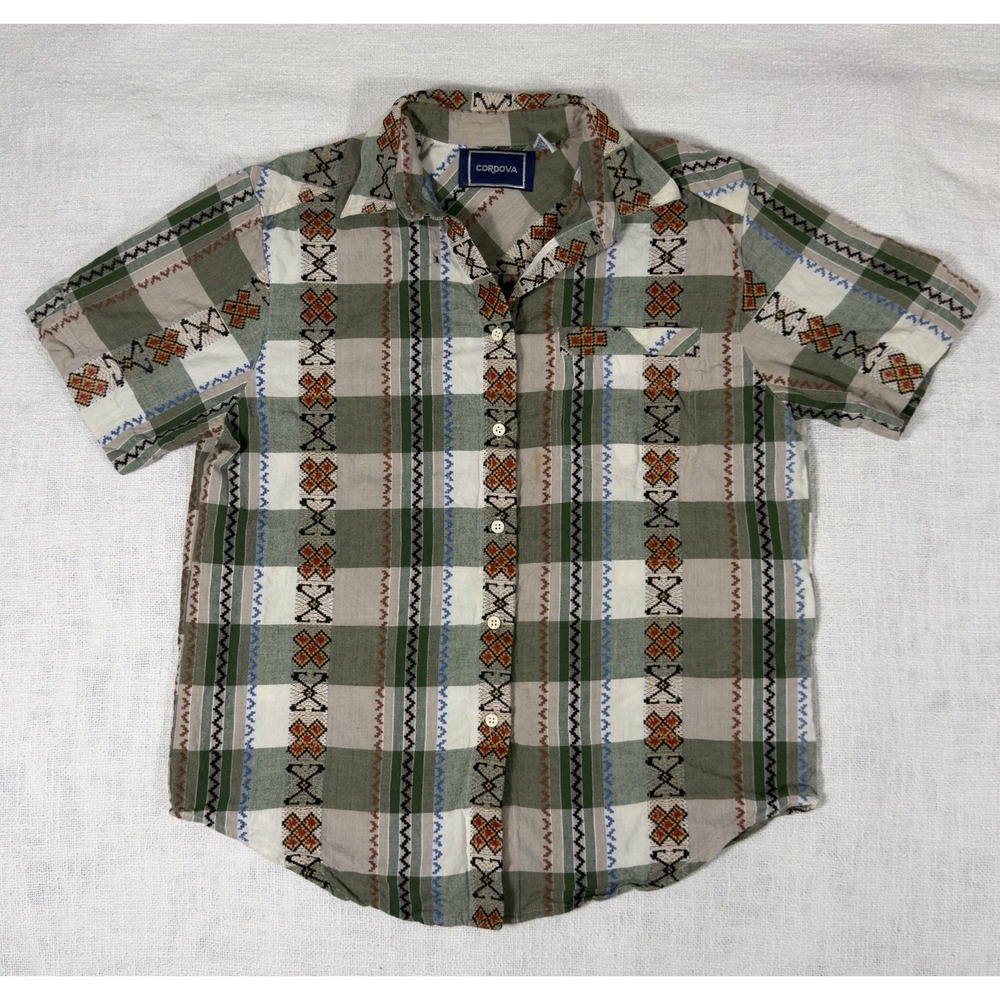 Cordova Women's Green Plaid Aztec Embroidered Short Sleeve Button Down Sz Large